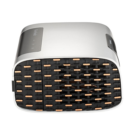 Ein grauer Projektor mit schwarzer Front, orangefarbenen Elementen und der Aufschrift "ViewSonic".