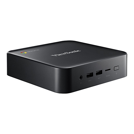 Schwarzer ViewSonic-Mini-PC. Oben rechts Chrome-Logo. Front mit Anschlüssen: USB, Micro-SD, Kopfhörer. Power-Knopf.