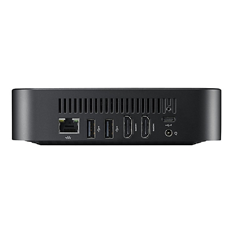 Schwarzer Mini-PC mit verschiedenen Anschlüssen: Ethernet, USB, HDMI, Strom.