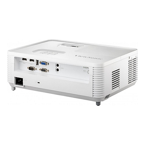 Nahaufnahme eines weißen ViewSonic-Projektors. Rückseite mit Anschlüssen: HDMI, VGA, Audio. Lüftungsschlitze an der Seite.
