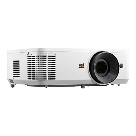 Ein weißer Projektor mit schwarzem Objektiv, Lüftungsschlitzen und Logo.