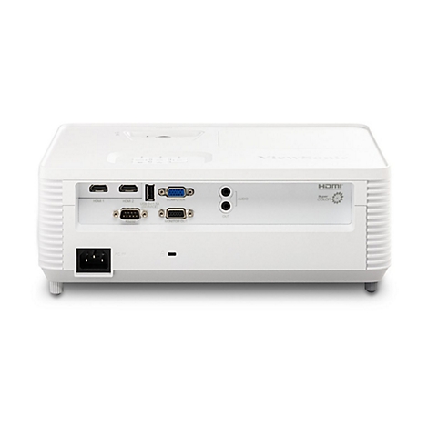 Rückseite eines weißen Beamers mit Anschlüssen, darunter HDMI, Computer, Audio und Stromanschluss.