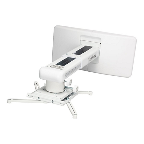 Weißer Deckenprojektorhalter mit ViewSonic-Logo. Halterung mit Ausleger und verstellbaren Füßen. Auf weißem Hintergrund isoliert.