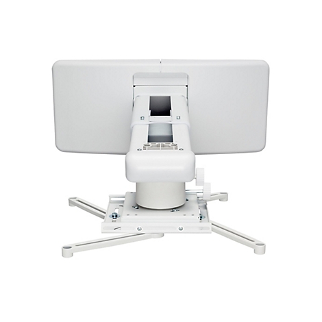 Nahaufnahme eines weißen Projektorhalters mit verstellbaren Elementen. Die Rückseite ist zu sehen.