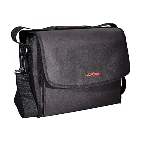 Schwarze ViewSonic-Tasche mit Umhängegurt und rotem Schriftzug. Eine Klappe mit Klettverschluss schließt die Tasche.