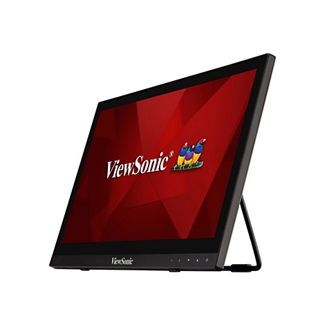 Un moniteur ViewSonic noir avec un fond rouge et le logo ViewSonic. Le moniteur est légèrement incliné sur un fond blanc.
