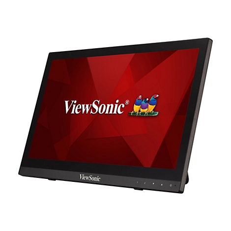 Un moniteur ViewSonic noir avec un fond rouge et le logo ViewSonic. L'écran affiche trois oiseaux colorés sur une branche.