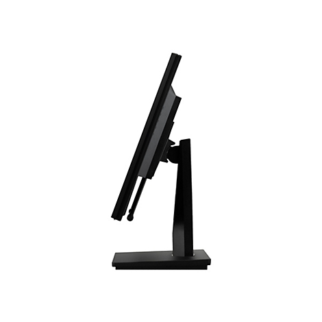 Moniteur d'ordinateur noir de profil, sur fond blanc. Le moniteur est fixé à un support noir.