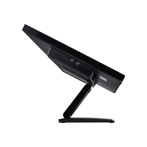 Ein schwarzer Monitor von hinten, mit USB-AnschlÃ¼ssen, auf einem weiÃŸen Hintergrund.