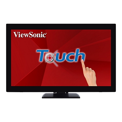 Ein schwarzer Touchscreen-Monitor mit dem Schriftzug "ViewSonic" und dem Wort "Touch" in Blau. Ein Finger berührt den Bildschirm.