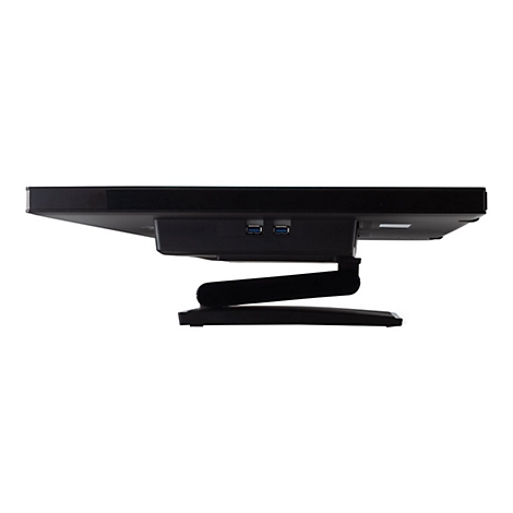 Schwarzer Monitor von unten, mit zwei USB-Ports. Der StandfuÃŸ ist beweglich.