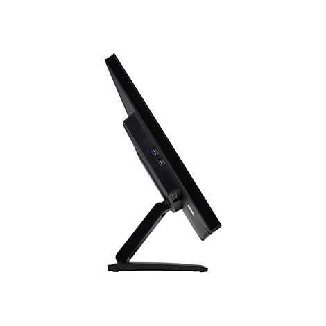 Ein schwarzer Monitor im Profil, der auf einem weiÃŸen Hintergrund steht. USB-AnschlÃ¼sse auf der RÃ¼ckseite sichtbar.