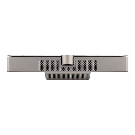 Projecteur gris avec fentes de ventilation et un élément surélevé, vue de dessus.