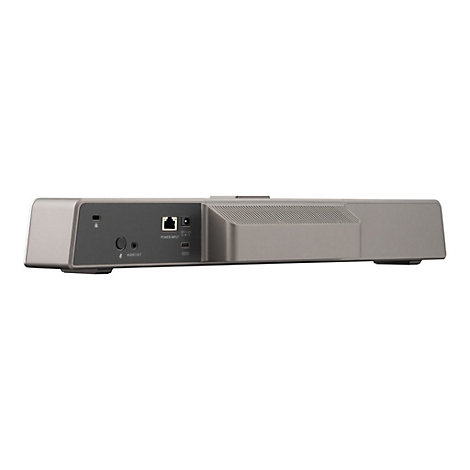 Appareil audio gris, dos avec connexions pour l'alimentation, LAN, USB et audio.