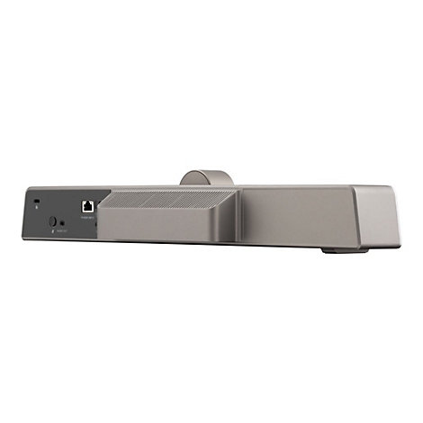 Appareil rectangulaire gris avec connexions d'alimentation, audio et réseau. La surface est texturée.