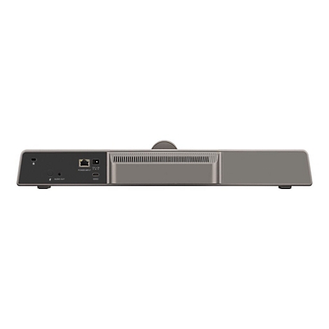 Un appareil gris rectangulaire avec divers ports et une grille de haut-parleur.