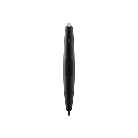 Ein schwarzer Eingabestift, der vor weißem Hintergrund abgebildet ist. Der Stift hat einen kugelförmigen, silberfarbenen Kopf und einen Knopf mit dem Ein-/Ausschaltsymbol.