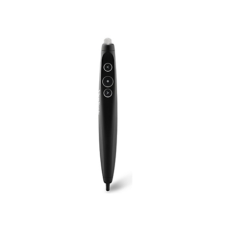 Schwarzer Präsentations-Stift mit silberner Spitze und Bedienelementen. Der Stift hat das Logo 'ViewSonic'.