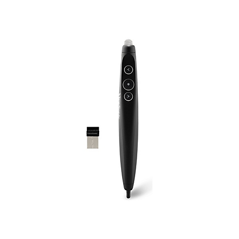Schwarzer Präsentations-Laserpointer und USB-Empfänger. Der Pointer hat drei Tasten und einen metallischen Kopf, daneben der USB-Empfänger.