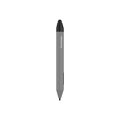 Ein grauer ViewSonic Stylus-Stift, der auf weißem Hintergrund steht. Der Stift hat eine schwarze Spitze und den Schriftzug ViewSonic.