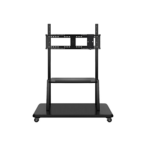 Support TV noir à roulettes, composé d'une base rectangulaire, de deux colonnes verticales, d'une étagère et d'un support.