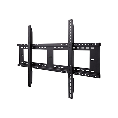 Support mural TV noir, avec éléments horizontaux et verticaux, rangées de trous et un niveau à bulle.