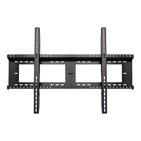 Support TV noir. Entretoises horizontales et verticales avec trous et évidements rectangulaires. Un niveau à bulle est visible.