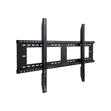 Support mural TV noir, avec trous et découpes rectangulaires, sur fond blanc.