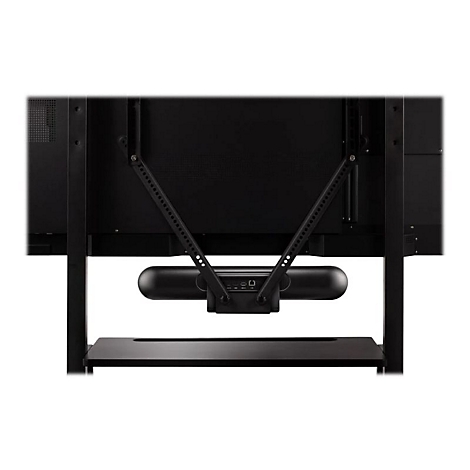 Rückansicht eines schwarzen Fernsehers mit Halterung und Soundbar; unterhalb eine Ablage.