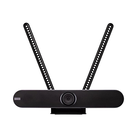 Schwarze Videokonferenz-Soundbar mit Halterung und zwei Stangen mit Löchern.