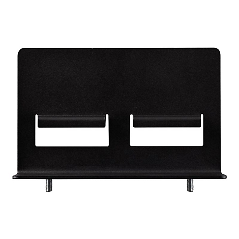 Support en métal noir avec deux découpes rectangulaires. Deux vis en bas pour la fixation.