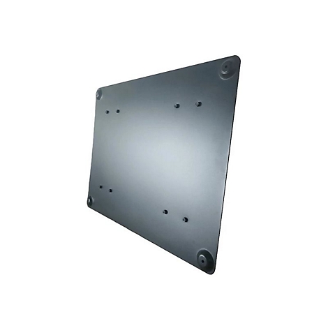 Graue Metallplatte mit Löchern und runden Füßen, leicht von oben schräg gestellt.