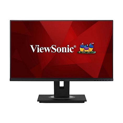 Schwarzer ViewSonic-Monitor mit rotem Hintergrund und Logo. Auf dem Bildschirm sind drei bunte Vögel abgebildet.
