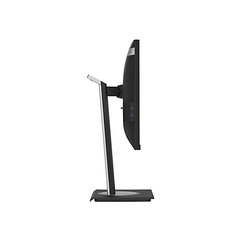 Schwarzer Monitor von der Seite, mit Metallfuß und zwei USB-Anschlüssen. Sichtbar ist ein Herstellerlogo.