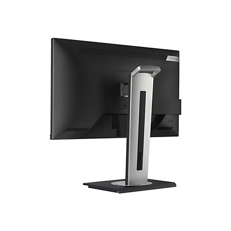 Rückseite eines ViewSonic-Monitors. Schwarzer Bildschirm, silberner Standfuß, weißer Hintergrund.