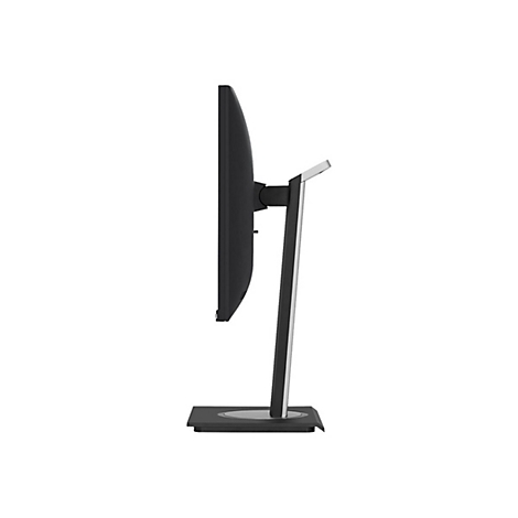 Seitenansicht eines schwarzen Monitors mit silbernem Ständer. Der Bildschirm ist hochkant und steht auf einer quadratischen Basis.