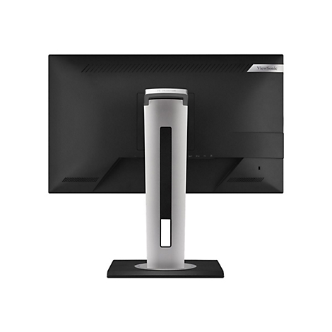 Rückseite eines schwarzen ViewSonic-Monitors, mit silbernem Standfuß. Das ViewSonic-Logo ist oben rechts zu sehen.