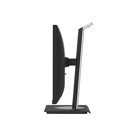 Seitenansicht eines schwarzen Monitors mit silberfarbenen Akzenten. Das Display steht auf einem schwarzen Standfuß.