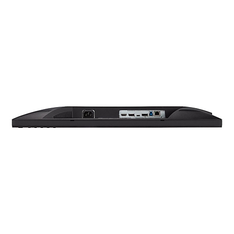 Rückseite eines schwarzen Monitors mit Stromanschluss, HDMI, USB und weiteren Anschlüssen.