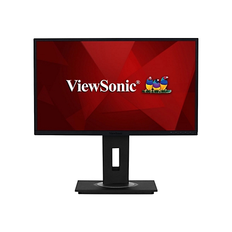 Schwarzer ViewSonic Monitor mit rotem Hintergrund und Firmenlogo. Der Monitor steht auf einem schwarzen Fuß.