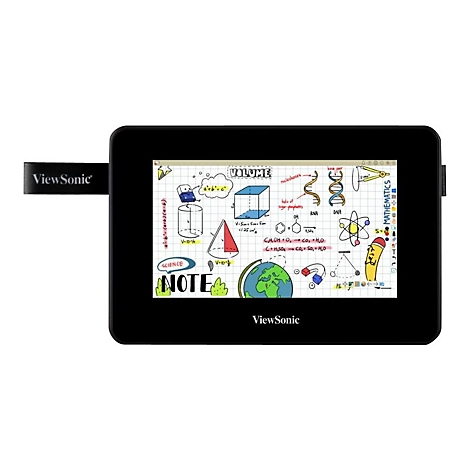 Schwarzes ViewSonic-Tablet mit Notizen über Mathematik, Wissenschaft und DNA-Moleküle. Ein Stift ist an der Seite angebracht.