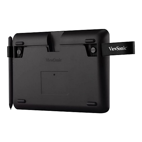 Schwarzes Grafiktablett von ViewSonic mit Stift und Halterung.