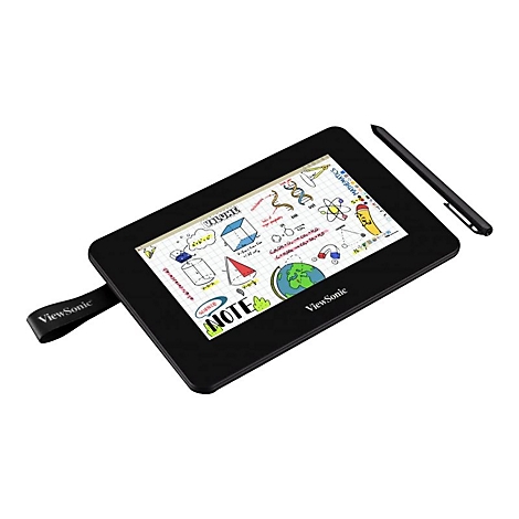 Schwarzes Tablet mit Stift und Notizen auf dem Bildschirm. Aufschrift: ViewSonic.