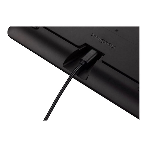 Nahaufnahme der Rückseite eines schwarzen Monitors mit einem angeschlossenen Ladekabel. Der Schriftzug ViewSonic ist sichtbar.