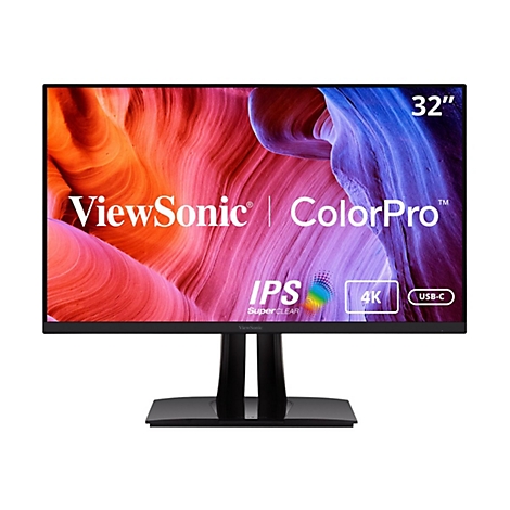 Moniteur ViewSonic ColorPro 32 pouces. L'écran affiche un motif abstrait coloré. Les logos et le texte sont clairement visibles.