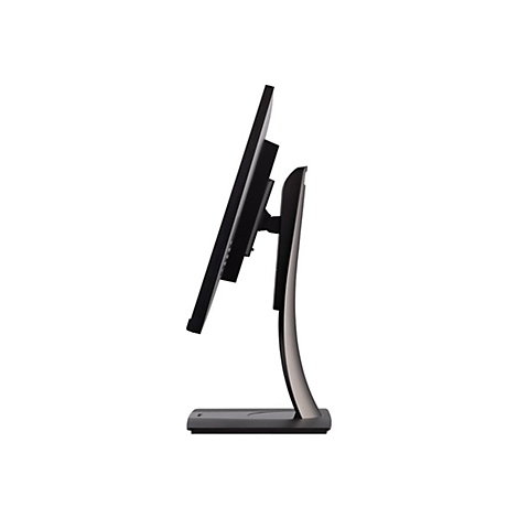 Vue latérale d'un moniteur noir avec un pied argenté, sur fond blanc.