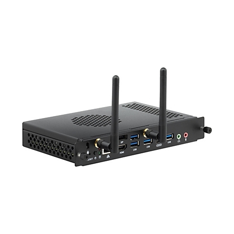Mini-PC noir avec deux antennes et divers ports, tels que USB et HDMI.