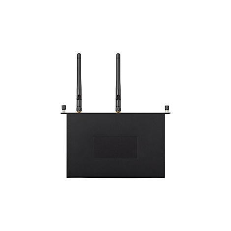 Appareil réseau noir avec deux antennes. Deux antennes dépassent du haut. L'appareil est posé sur un fond blanc.