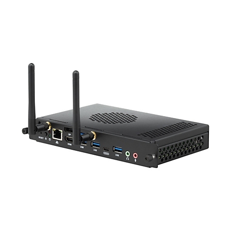 Schwarzer Mini-Computer, mit zwei Antennen. Er hat Anschlüsse für USB, HDMI und weitere.