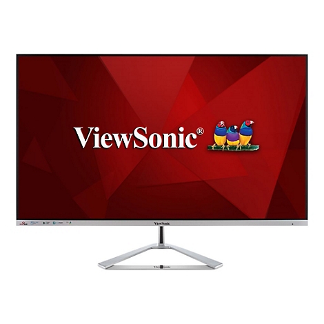 Un moniteur ViewSonic avec un fond rouge et le logo ViewSonic. Il y a un support argenté en bas.